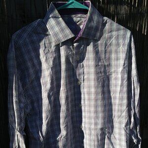 English Laundry Men's Black Purple Blue Plaid Paisley Button Down - 15 - 34/35